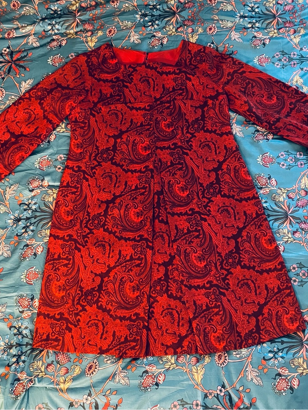 Red Paisley Midi Dress - Elegant Long Sleeve A-Line-Vintage
